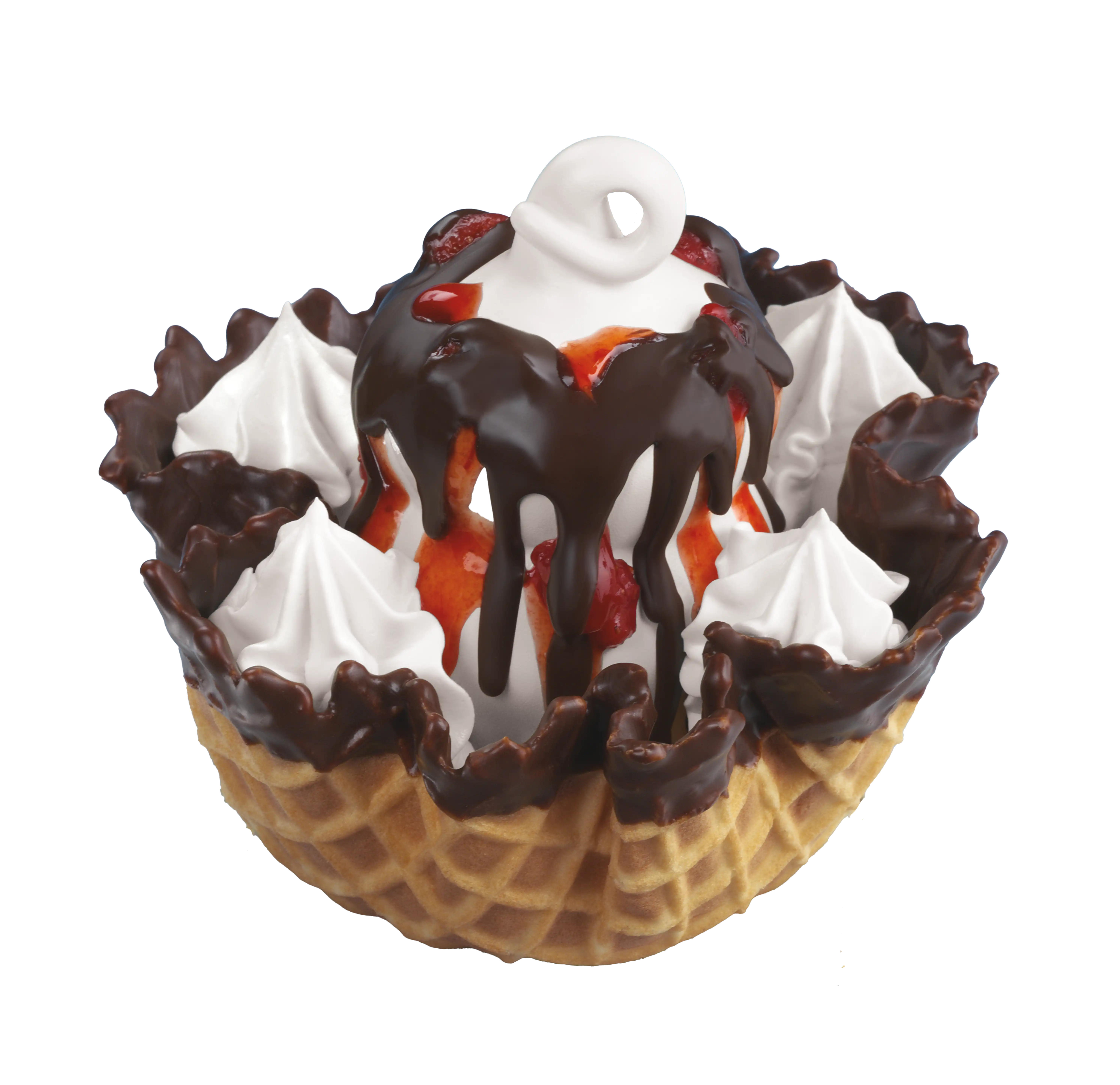 Waffle Bowl Sundae with chocolate and strawberry sauce
